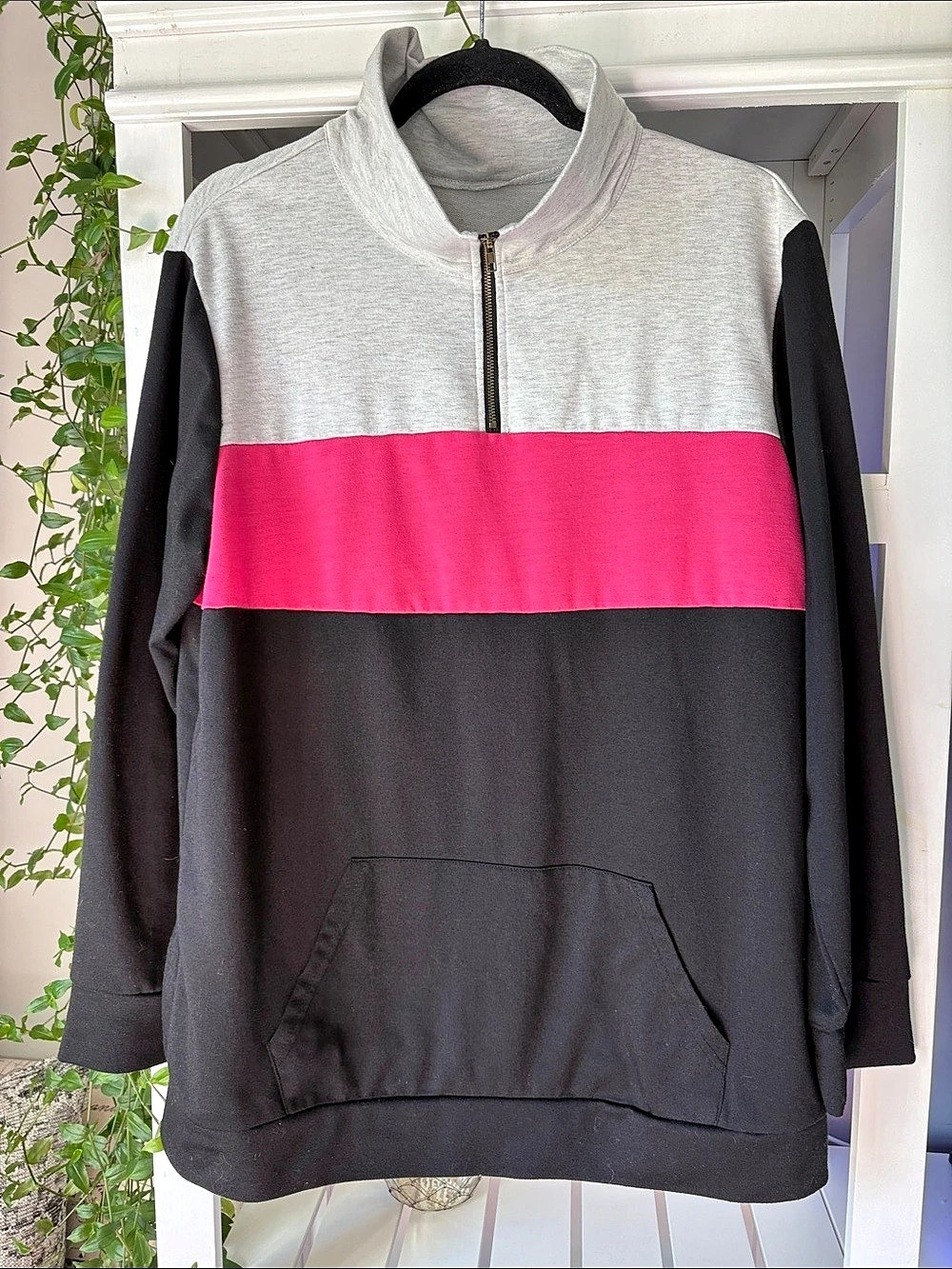 Color Block Quarter-Zip Pullover in Black & Pink